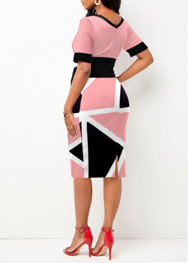 Pink dresses,Geometric dresses,ROTITA Tie Front Pink Geometric Print Short Sleeve Dress