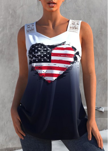 Multi Color tops,Striped tops,ROTITA Lace Stitching American Flag Print Color Block Tank Top