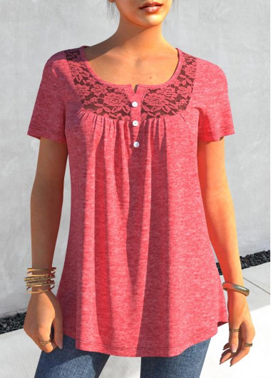 Pink tops,Plain Color tops,ROTITA Lace Stitching Pink Short Sleeve T Shirt