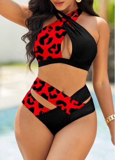 Wine Red swimwear,Leopard swimwear,ROTITA Leopard High Waisted Cross Strap Red Bikini Set