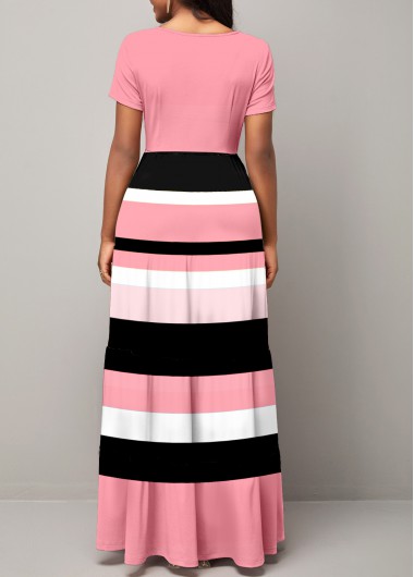 Pink dresses,Striped dresses,ROTITA Pink Striped Round Neck Short Sleeve Maxi Dress