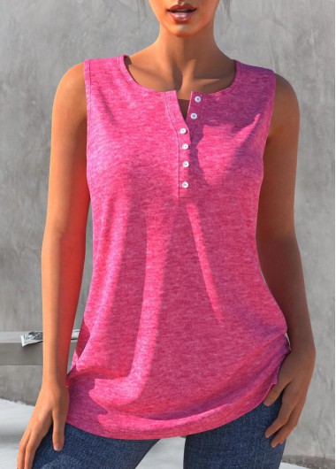 Pink tops,Plain Color tops,ROTITA Button Detail Pink Split Neck Tank Top