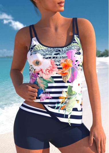 Multi Color swimwear,Striped swimwear,ROTITA Floral Print Double Straps Striped Tankini Set