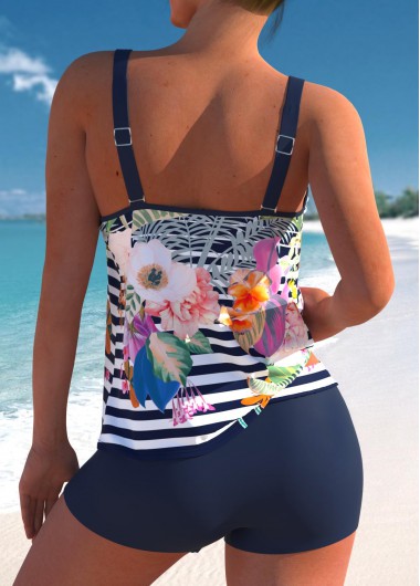 Multi Color swimwear,Striped swimwear,ROTITA Floral Print Double Straps Striped Tankini Set