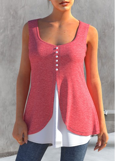 Pink tops,Contrast Color tops,ROTITA Faux Two Piece Pink Decorative Button Tank Top