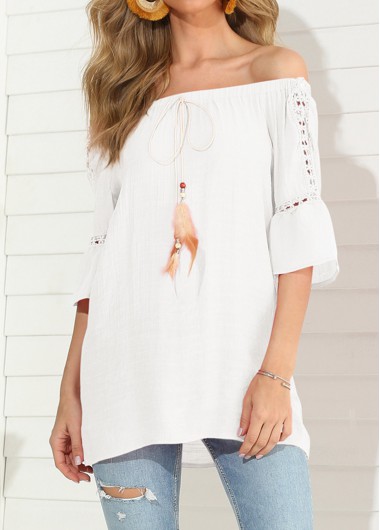 White tops,Plain Color tops,White Feather Detail Hollow Out T Shirt