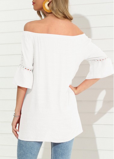 White tops,Plain Color tops,White Feather Detail Hollow Out T Shirt