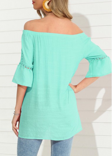 Green tops,Plain Color tops,Feathers Design Mint Green Hollow Out T Shirt