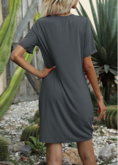 Dark Grey dresses,Plain Color dresses,V Neck Brown Twist Front Dress