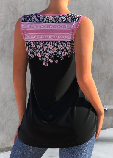 Black tops,Ditsy Floral tops,ROTITA Floral Print Black Split Neck Tank Top