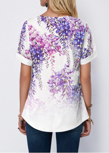 Purple tops,Floral tops,ROTITA Floral Print Purple Split Neck T Shirt