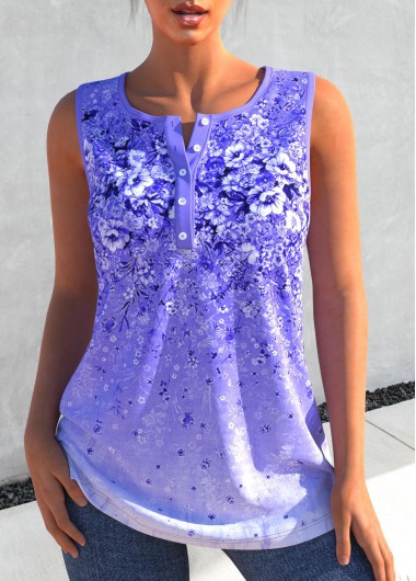 Purple tops,Ditsy Floral tops,ROTITA Floral Print Purple Split Neck Tank Top