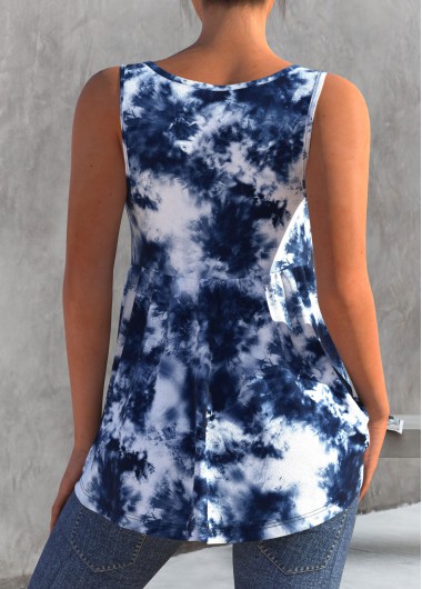 Blue tops,Tie Dye tops,ROTITA Tie Dye Print Decorative Button Blue Tank Top