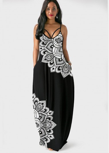 Black dresses,Tribal dresses,ROTITA Double Side Pockets Black Tribal Print Spaghetti Strap Dress