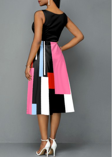 Black dresses,Geometric dresses,ROTITA Geometric Print V Neck Sleeveless Black Dress