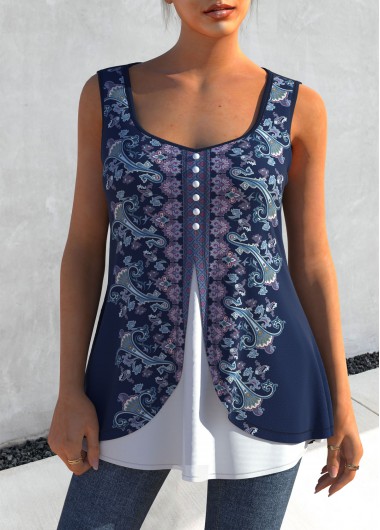 Tribal tops,ROTITA Navy Blue Tribal Print Faux Two Piece Tank Top