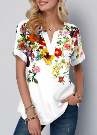 White tops,Floral tops,ROTITA Floral Print Split Neck White T Shirt