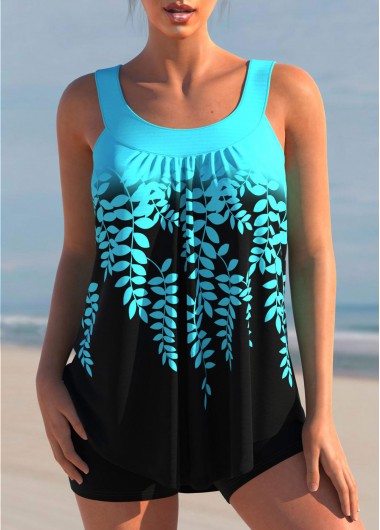 Multi Color swimwear,Plants swimwear,ROTITA Cyan Leaf Print Ombre Color Block Tankini Top