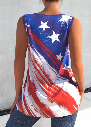 Multi Color tops,Flag tops,ROTITA Button Detail American Flag Print Color Block Tank Top