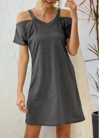 Dark Grey dresses,Plain Color dresses,Strappy Cold Shoulder Dark Grey Short Sleeve Dress