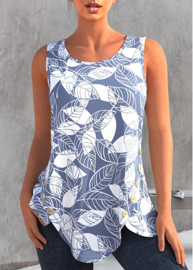 Multi Color tops,Plants tops,ROTITA Color Block Leaf Print Round Neck Tank Top