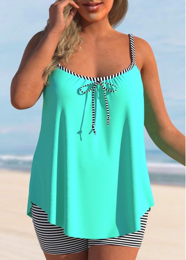 Cyan plus size,Striped plus size,ROTITA Plus Size Bowknot Cyan Striped Tankini Set