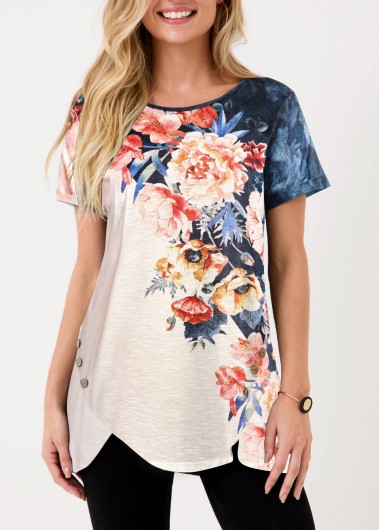 Multi Color tops,Floral tops,ROTITA Floral Print Asymmetric Hem Multi Color T Shirt