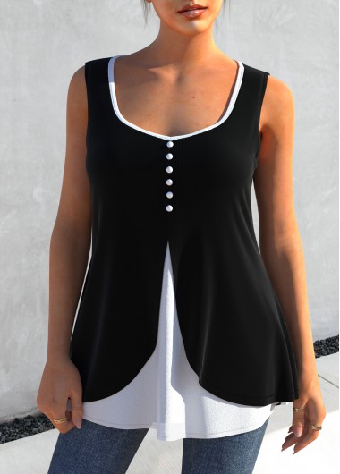 Black tops,Plain Color tops,ROTITA Wide Strap Black Faux Two Piece Tank Top