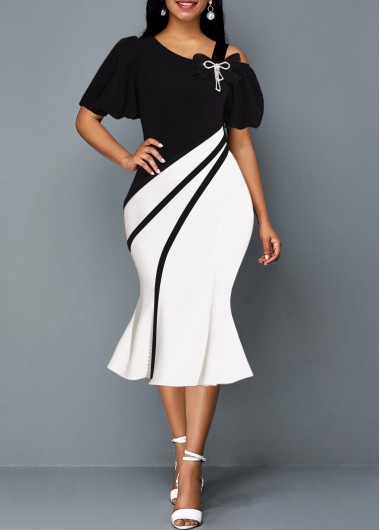 Plain Color dresses,ROTITA Color Block Skew Neck Short Sleeve Mermaid Dress