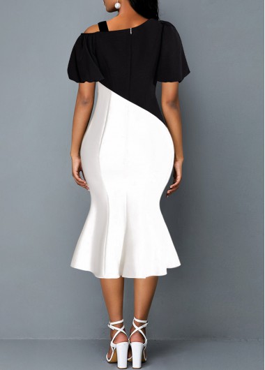 Plain Color dresses,ROTITA Color Block Skew Neck Short Sleeve Mermaid Dress