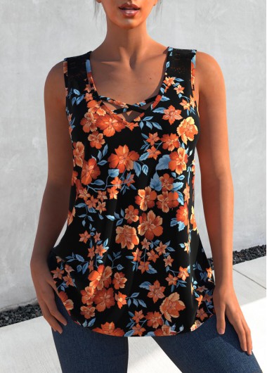 Black tops,Floral tops,ROTITA Floral Print Lace Stitching Black Tank Top