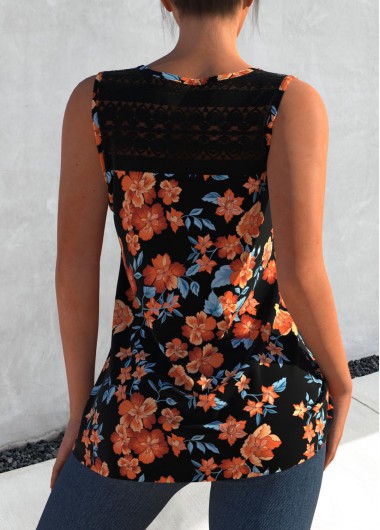 Black tops,Floral tops,ROTITA Floral Print Lace Stitching Black Tank Top