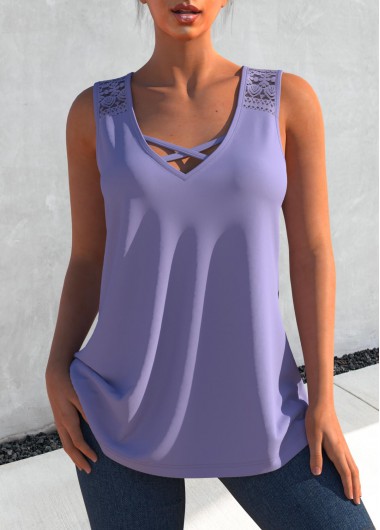 Dusty Purple tops,Plain Color tops,ROTITA Cross Strap Dusty Purple Lace Stitching Tank Top