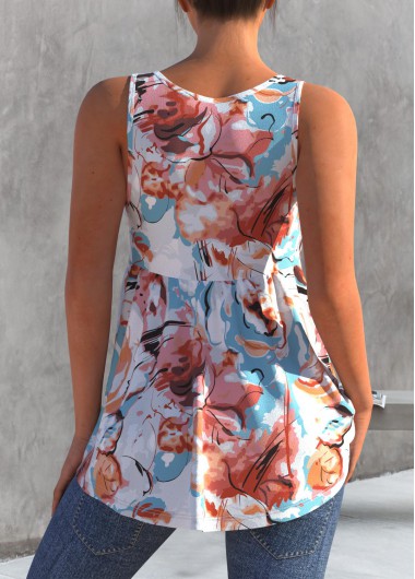Multi Color tops,Floral tops,ROTITA Multi Color Floral Print Decorative Button Tank Top