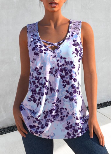 Light Purple tops,Floral tops,ROTITA Light Purple Floral Print Lace Stitching Tank Top