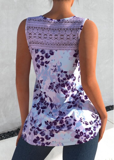Light Purple tops,Floral tops,ROTITA Light Purple Floral Print Lace Stitching Tank Top