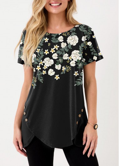 Black tops,Floral tops,ROTITA Floral Print Black Inclined Button T Shirt