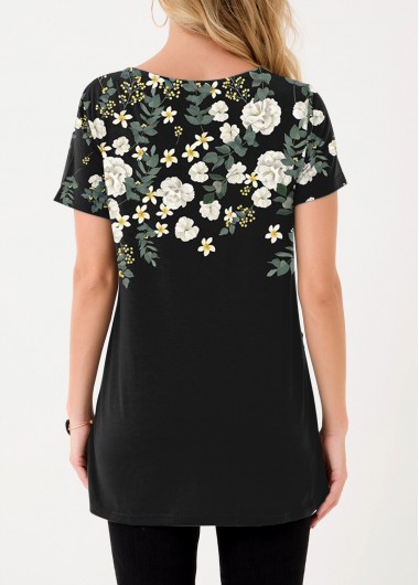 Black tops,Floral tops,ROTITA Floral Print Black Inclined Button T Shirt