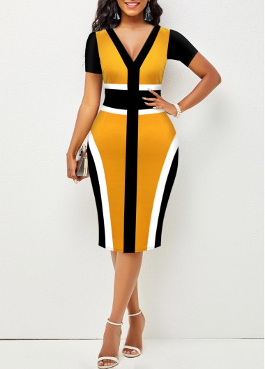 Ginger dresses,Contrast Color dresses,ROTITA Ginger Contrast V Neck Short Sleeve Dress