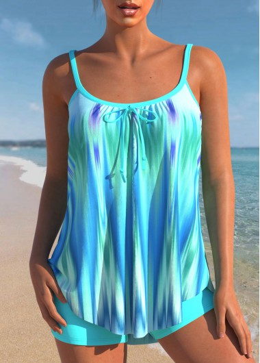 Cyan swimwear,Ombre swimwear,ROTITA Colorful Print Bowknot Ombre Tankini Set
