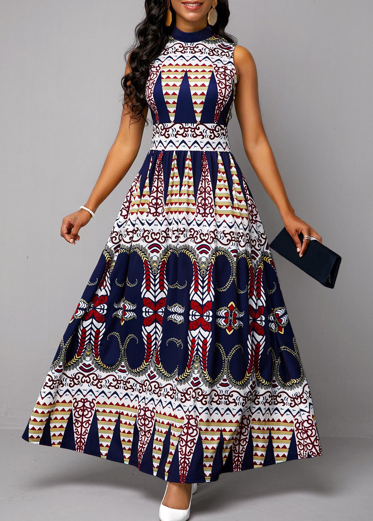 Rotita Tribal Print Sleeveless Mock Neck Maxi Dress Usd