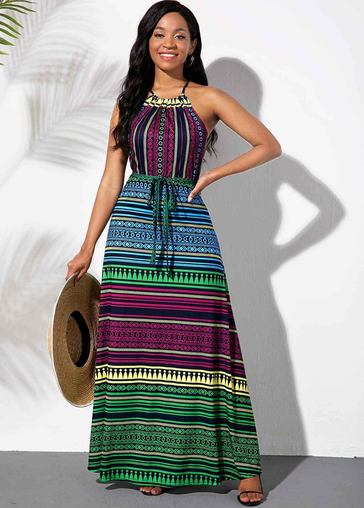 Multi Color dresses,Striped dresses,ROTITA Bowknot Sash Multicolor Striped Dress