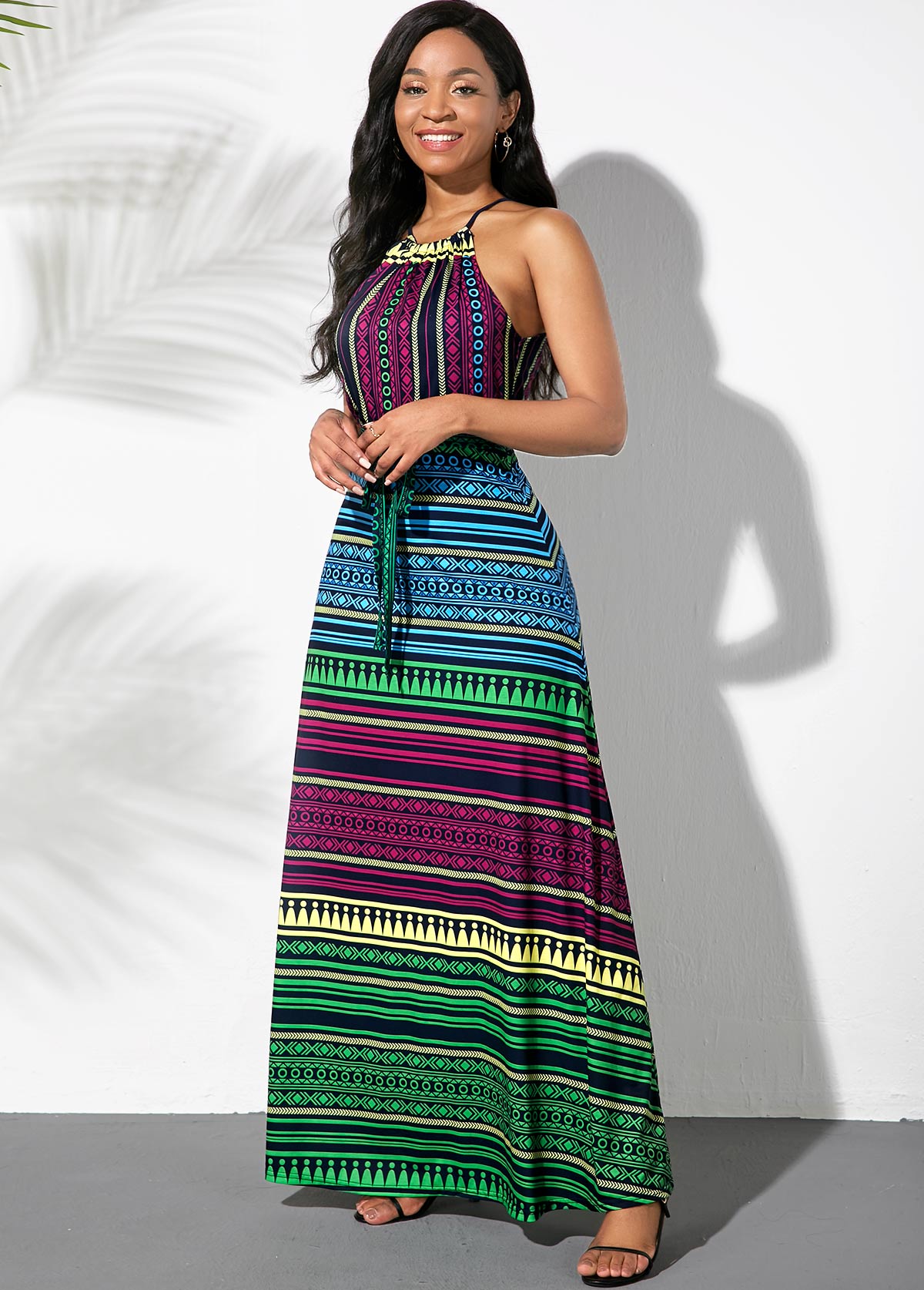 Multi Color dresses,Striped dresses,ROTITA Bowknot Sash Multicolor Striped Dress