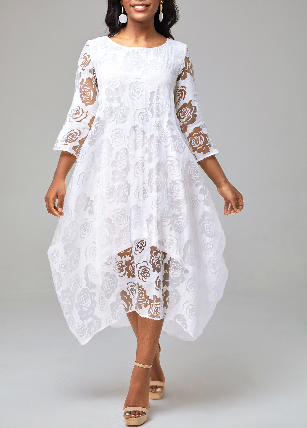 ROTITA Valentine's Day Asymmetry Floral Print White Dress