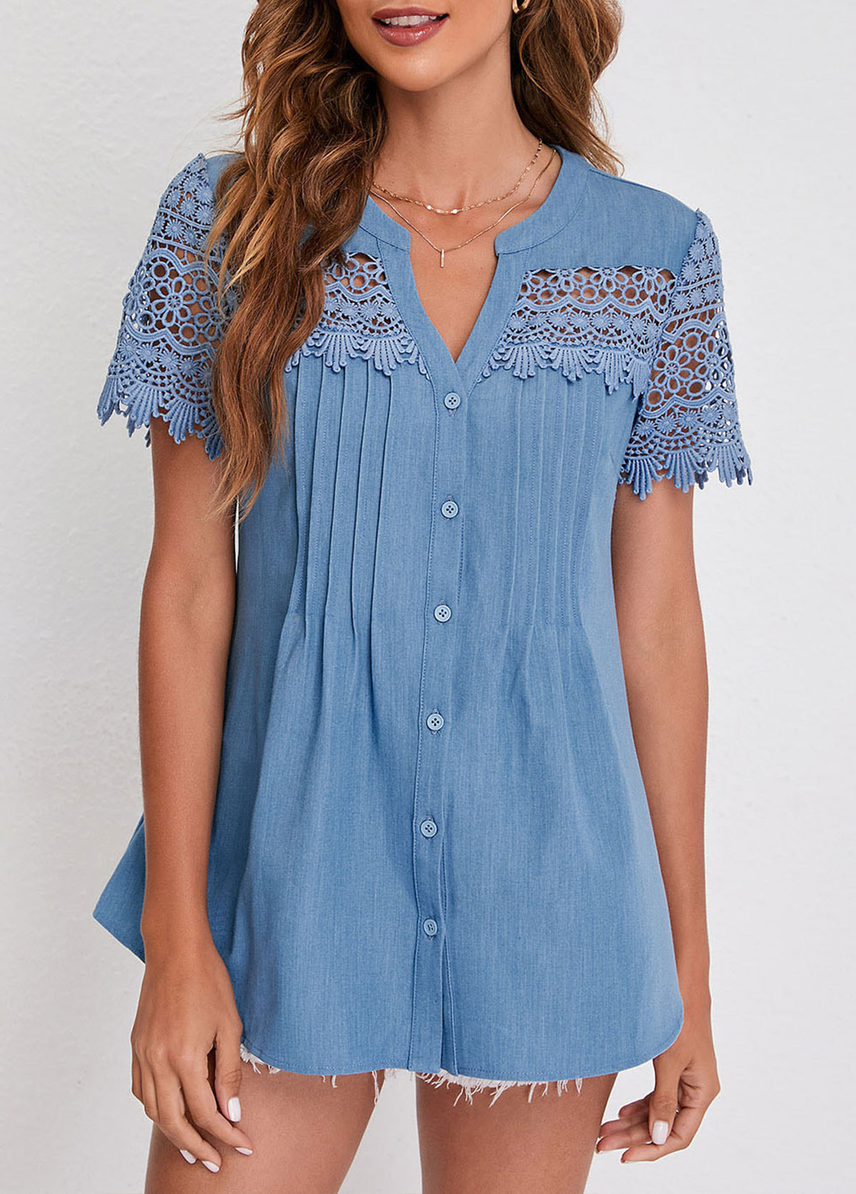 Denim Blue tops,Plain Color tops,ROTITA Faux Denim Split Neck Lace Patchwork Blouse