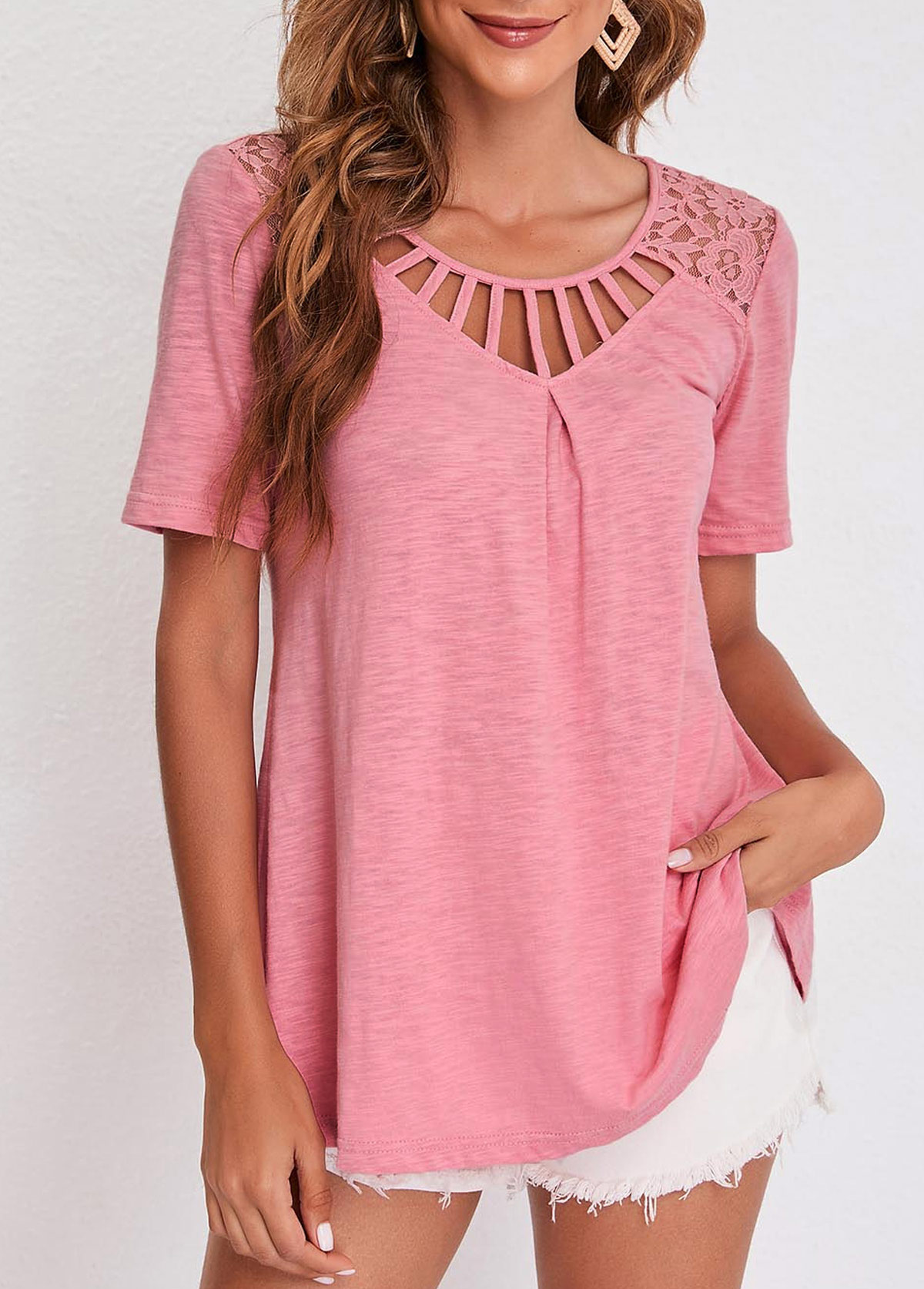 Pink tops,Plain Color tops,ROTITA Pink Cage Neck Lace Patchwork T Shirt