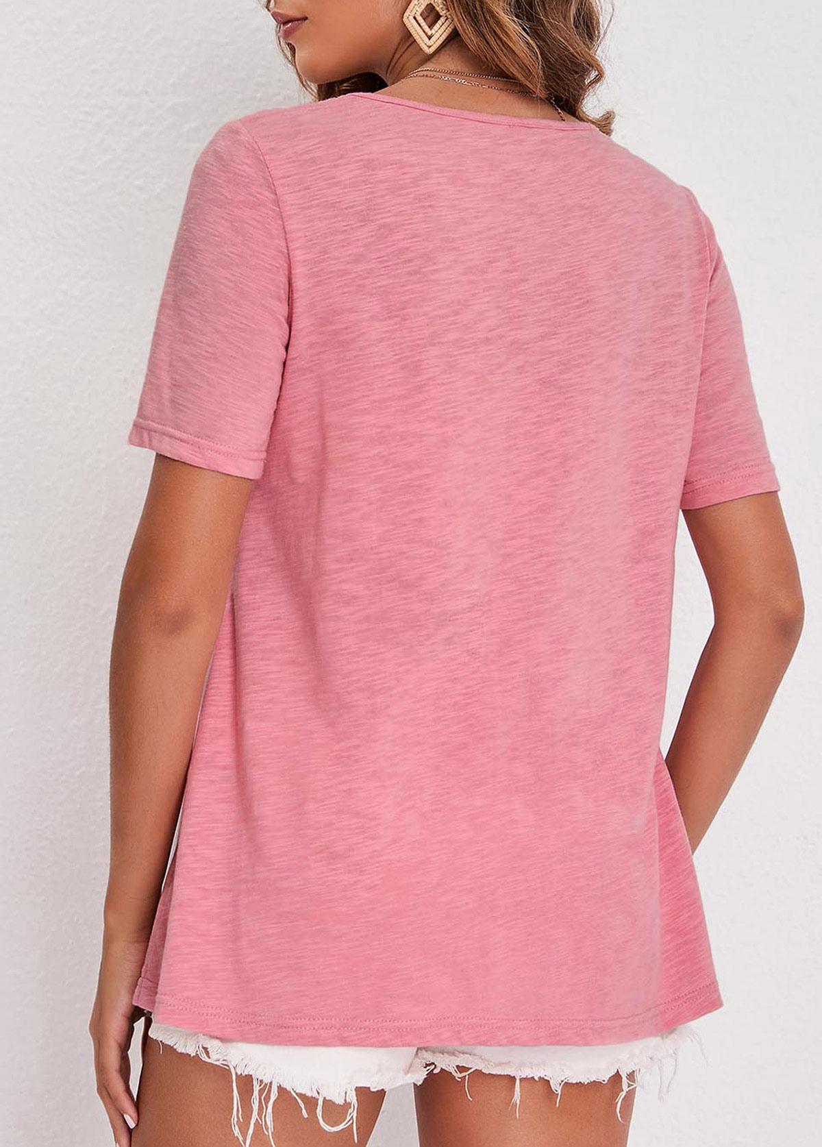 Pink tops,Plain Color tops,ROTITA Pink Cage Neck Lace Patchwork T Shirt