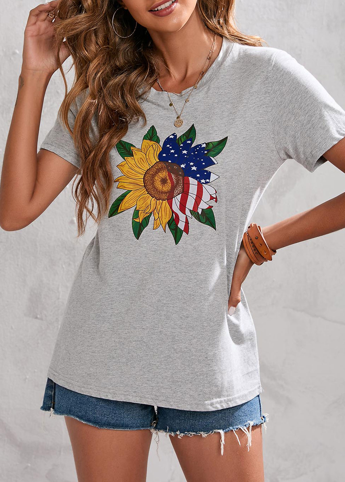 Light Grey tops,Flag tops,Short Sleeve American Flag Print Light Grey T Shirt