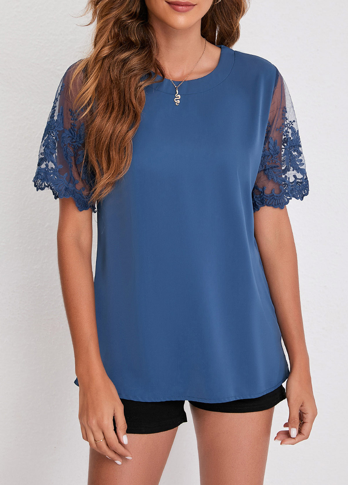 Blue Mesh Stitching Lace Patchwork T Shirt