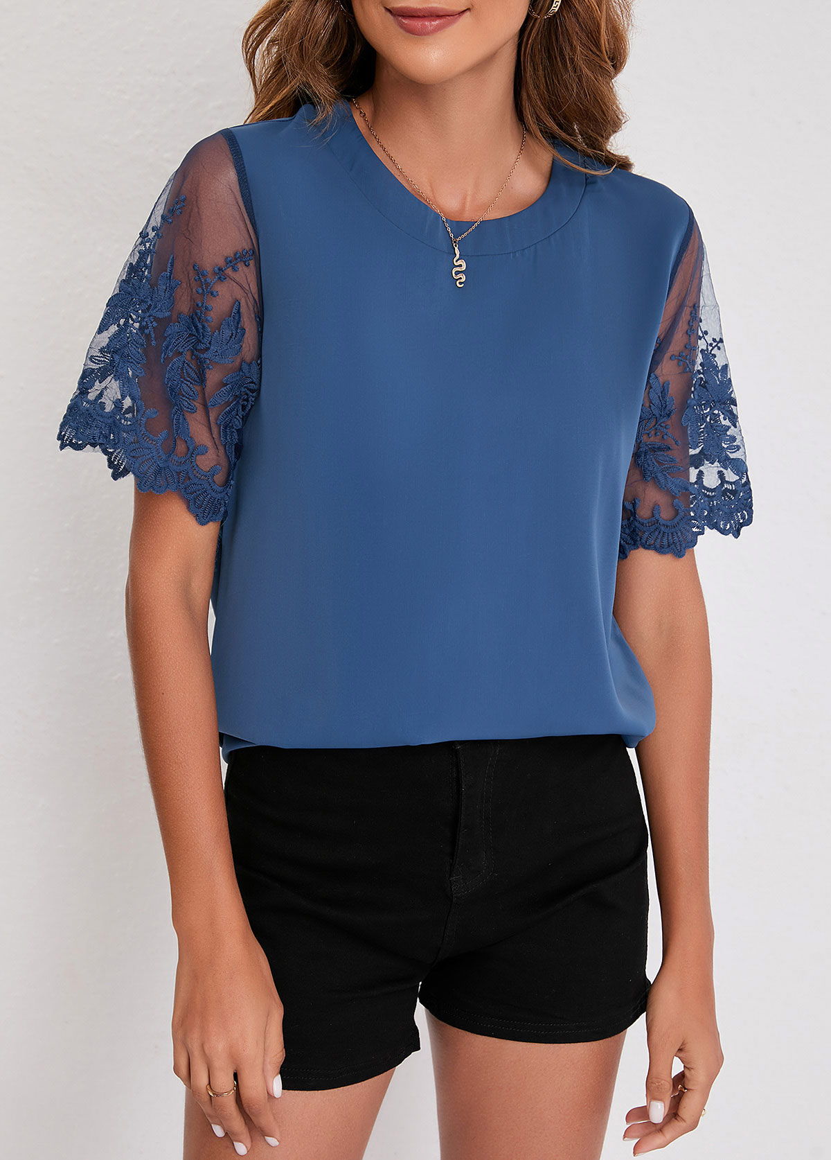 Blue tops,Plain Color tops,Blue Mesh Stitching Lace Patchwork T Shirt